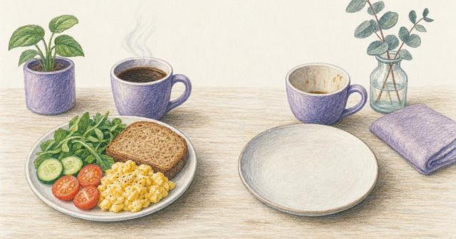 Full meal and coffee contrasted with an empty plate and drained cup