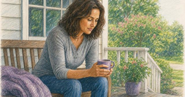 A person sitting on a porch bench beside a window, holding a mug and looking thoughtful