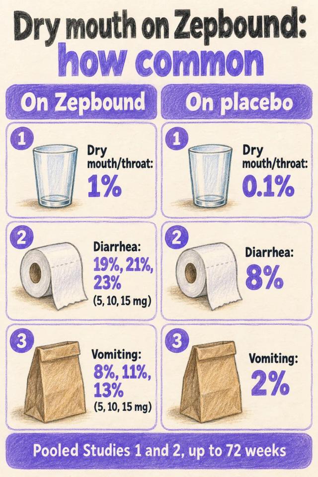 Dry mouth or dry throat in 1% on Zepbound vs 0.1% on placebo, with diarrhea and vomiting rates by dose.