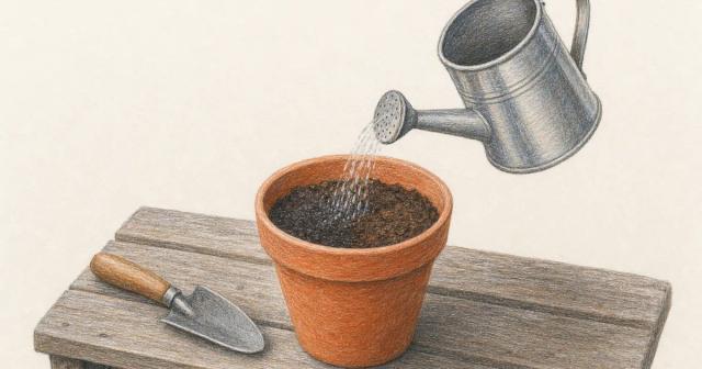 Watering can tipped slightly, pouring a thin gentle stream into a clay pot of soil