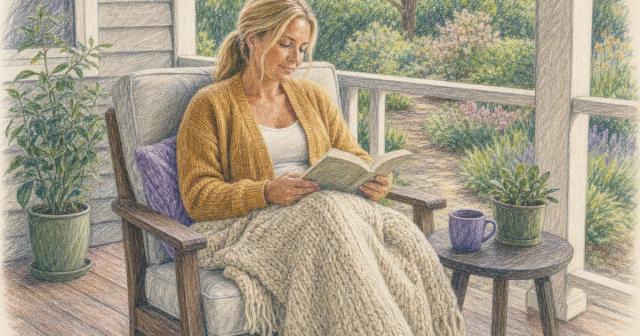 Person reading a book under a blanket in an armchair on a porch in afternoon light