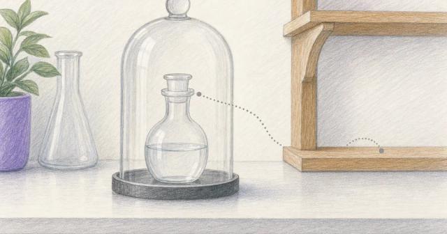 A sealed glass flask under a glass dome on a lab bench next to empty shelf brackets
