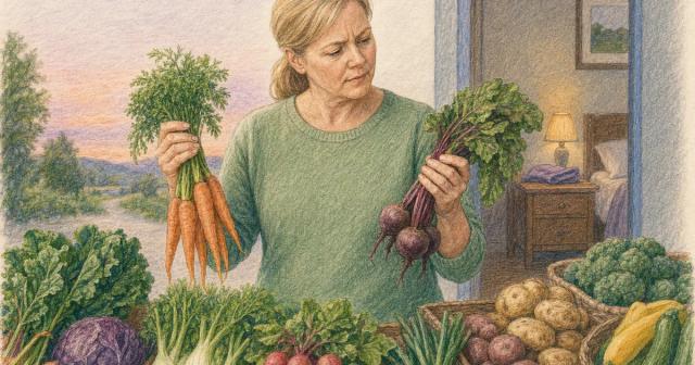 Person comparing two bunches of vegetables at an evening market stall near a lit nightstand