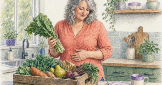 Person pausing while unpacking a crate of vegetables at a sunlit kitchen counter, hand on stomach