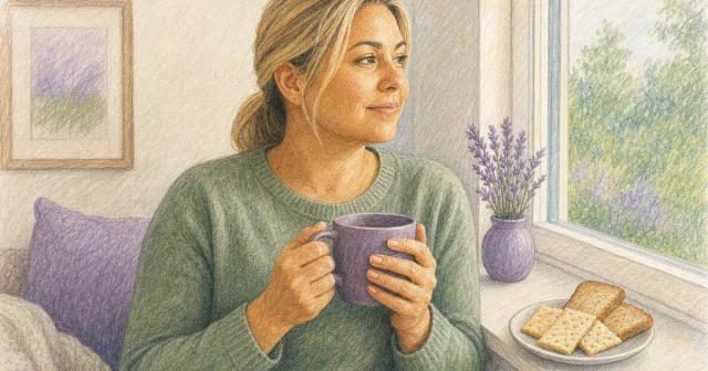Woman resting reflectively by a window with a warm mug and plain crackers.