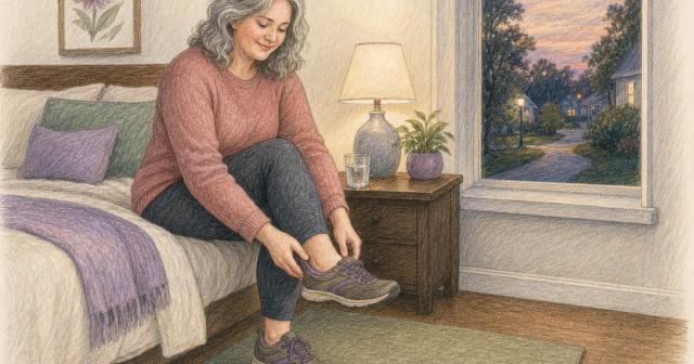 Woman on the edge of her bed by a nightstand at dusk, easing on walking shoes