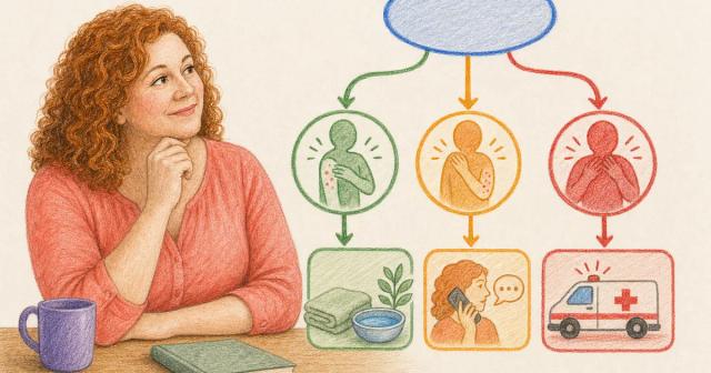 Decision flowchart: home care, same-day call, or 911 for a skin reaction