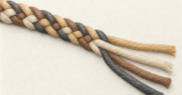 Braided rope of four colored strands with one end unbraided on a table