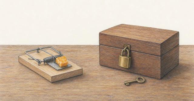 A baited mousetrap on one side of a table and a locked wooden box with a key on the other