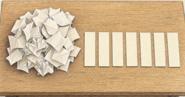 Crumpled pile of blank paper scraps beside seven blank cards in a neat row
