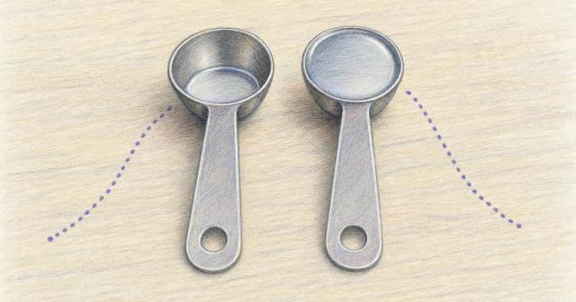 Two similar measuring spoons side by side, one barely filled, one nearly full