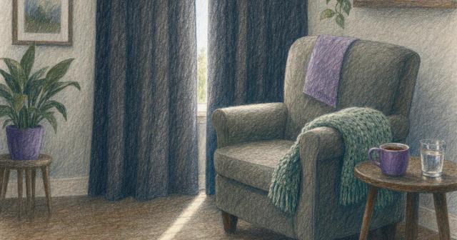 Dim living room with drawn curtains, empty armchair, water glass and cool cloth