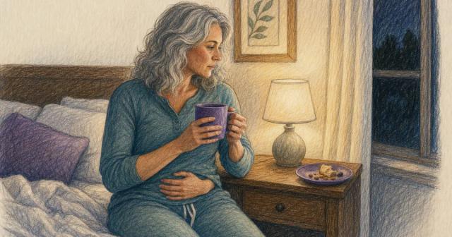 Person in pajamas sitting by a bedroom window at night holding a warm mug