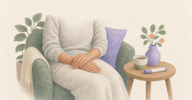 Hands resting calmly beside a medication pen on a side table