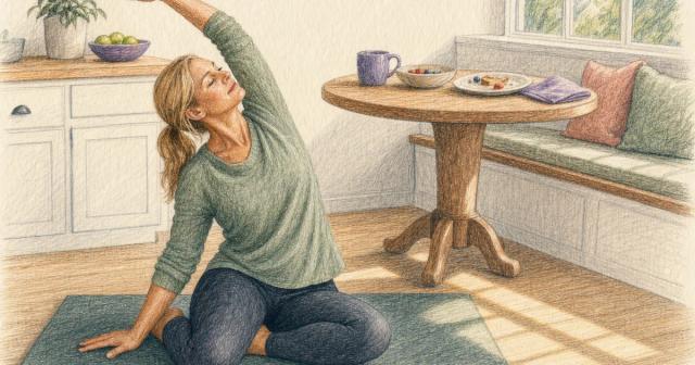 Woman stretching on a mat on the floor beside a sunlit breakfast nook table