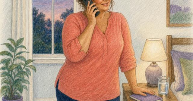 Person standing by a bedroom nightstand in evening light, talking on the phone and listening