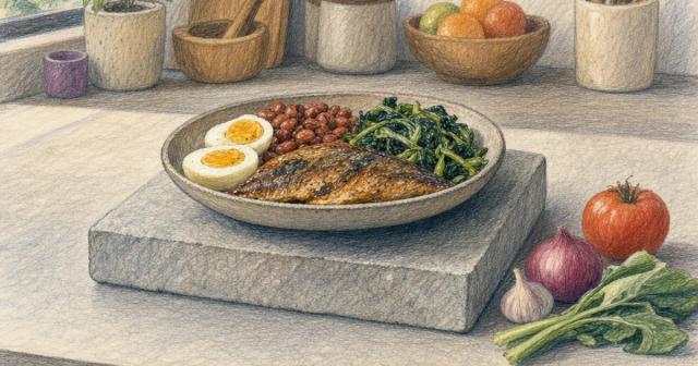 A bowl of protein-rich food resting on a stone slab on a kitchen counter