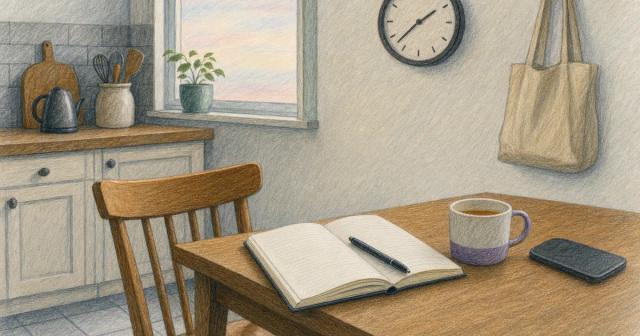 Open blank notebook, pen, and mug on a kitchen table with the chair pushed back at dawn