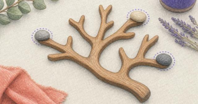 Carved wooden branching form with dotted markers and small stones on three branch tips