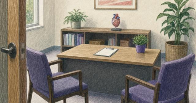 Empty clinic consultation room with two chairs, a blank clipboard and a heart model on the shelf