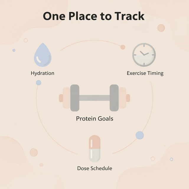 Hub and spoke infographic showing one centralized GLP-1 plan connecting protein, hydration, exercise, and dose tracking