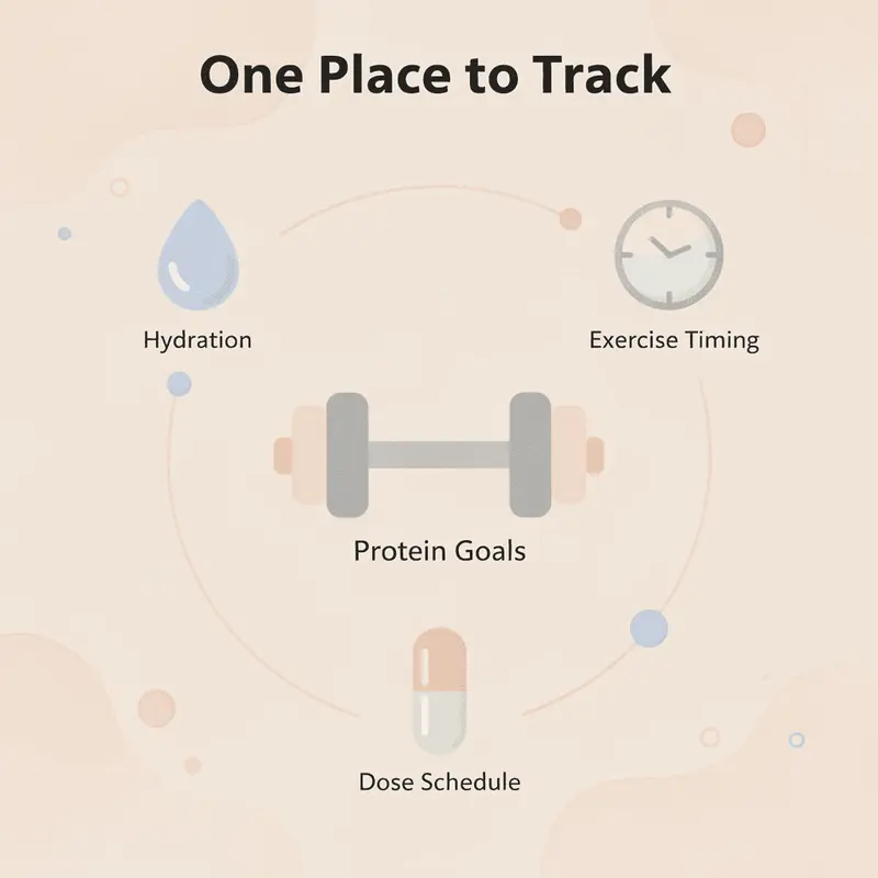 Hub and spoke infographic showing one centralized GLP-1 plan connecting protein, hydration, exercise, and dose tracking