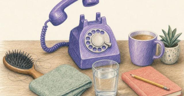 Rotary phone off the hook, centered among a hairbrush, a cold mug of tea, and a wilted sprig