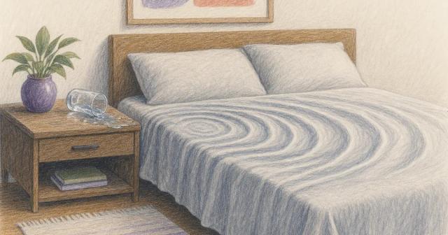Ripples from a tipped water glass spread toward a neatly made bed.
