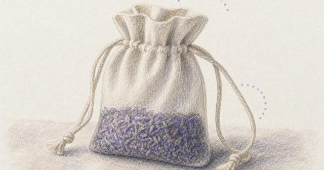 A cloth drawstring pouch filled only at the bottom with its cord loosely looped