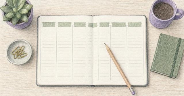 Overhead view of a blank weekly planner spread with a pencil and repeating tape marks