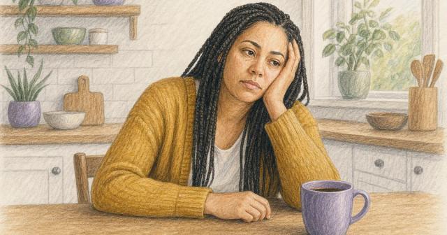 Tired woman slumped at a table beside an untouched mug of coffee
