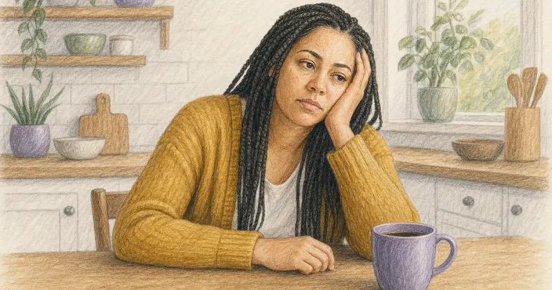 Tired woman slumped at a table beside an untouched mug of coffee