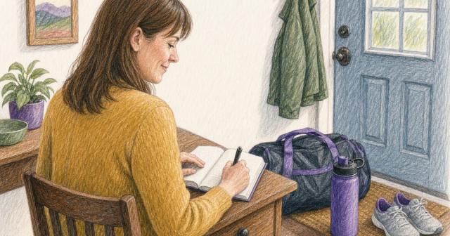Person writing in a notebook at an entryway table beside a packed gym bag and full water bottle