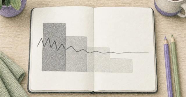 Hand-drawn sketch of four descending blocks with a wavy line flattening as it crosses them