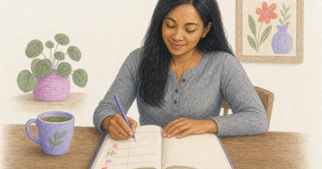 Open journal ruled into weekly rows for tracking, beside a cup of tea