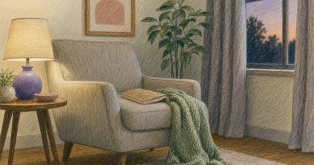 Empty armchair at dusk with a blanket slipped off and a book left face-down