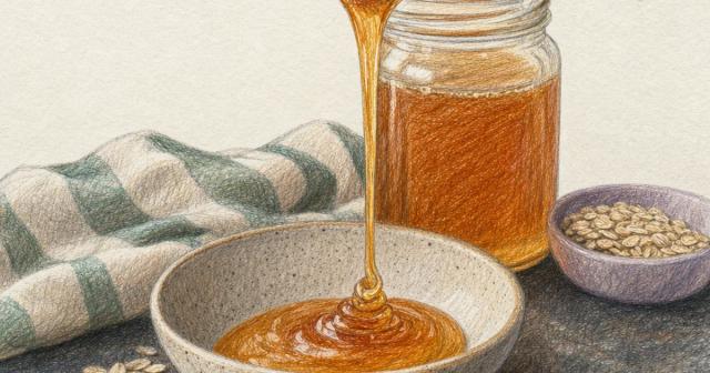Thick honey pouring in a slow ribbon from a propped dipper into a ceramic bowl