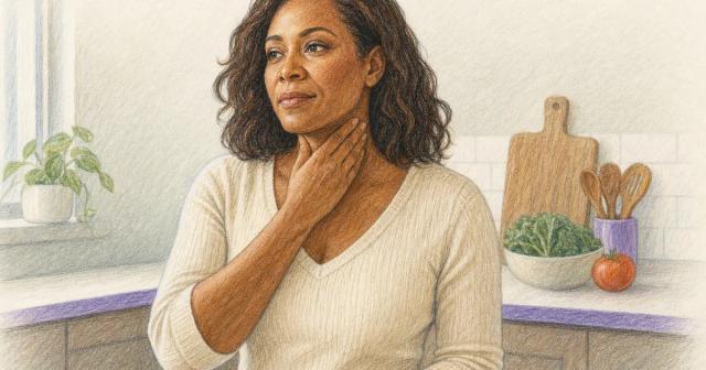 Woman pausing to rest a hand at her throat, noticing a sensation