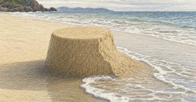A packed sand mound on an empty beach with the tide washing back around its base