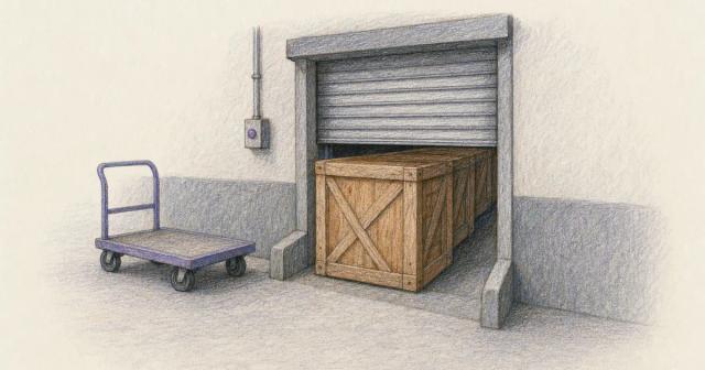 Wooden crates backed up in a queue behind a barely open narrow dock door