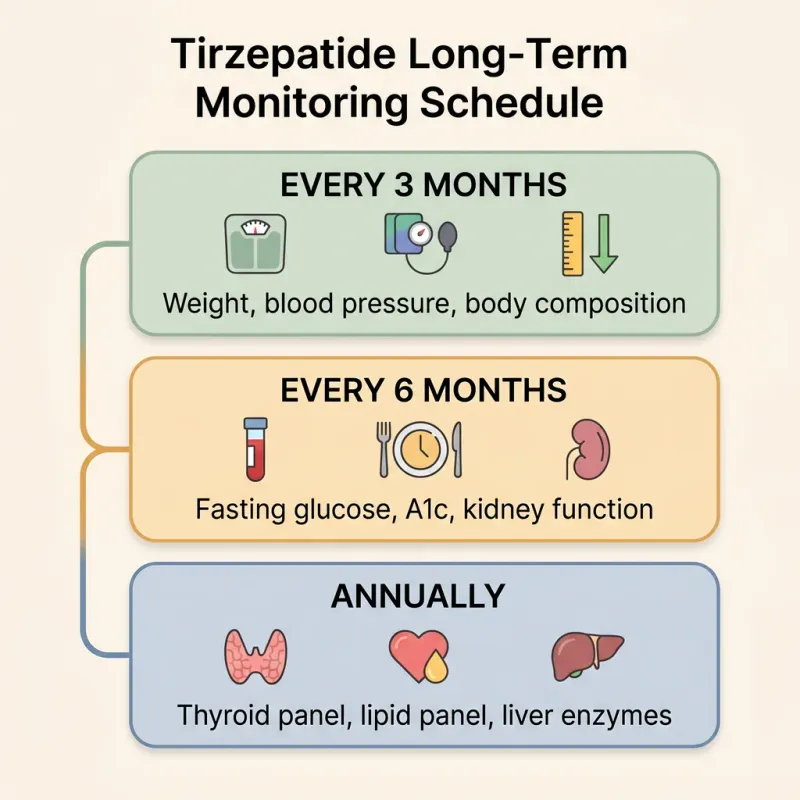 Tirzepatide long-term monitoring schedule infographic: every 3 months track weight blood pressure body composition, every 6 months fasting glucose A1c kidney function, annually thyroid lipid liver enzymes