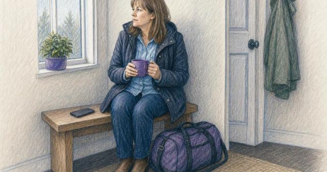 Person in a coat sits with a mug by an entryway window, packed bag at their feet