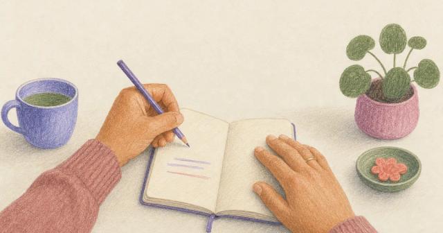 Hand jotting a short dated note in a small notebook