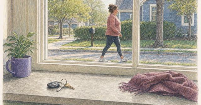 A person walking a neighborhood sidewalk seen through a kitchen window in morning light