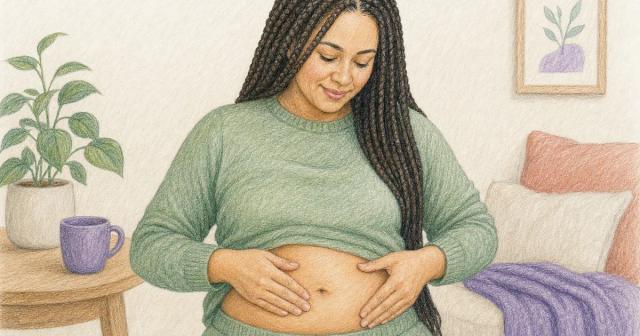 Hands gently checking a patch of healthy abdomen skin
