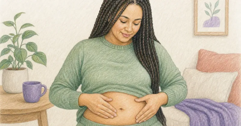 Hands gently checking a patch of healthy abdomen skin