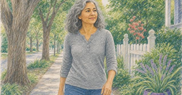 A woman taking a steady walk along a tree-lined neighborhood path.