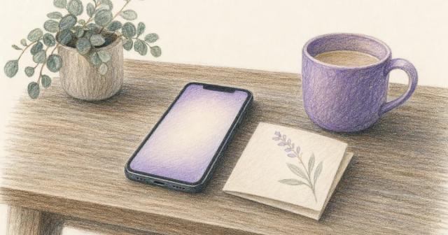 A smartphone resting on a table beside a warm mug in morning light