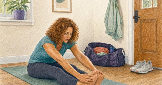 Woman stretching on a mat in a home entryway beside a packed bag and sneakers