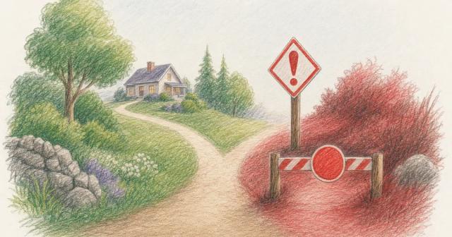 A path forking toward a distant house on one side, a warning sign on the other.